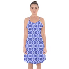 Hexagonal Pattern Unidirectional Blue Ruffle Detail Chiffon Dress by Mariart