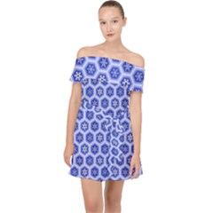 Hexagonal Pattern Unidirectional Blue Off Shoulder Chiffon Dress