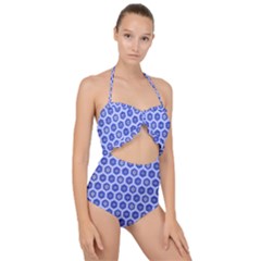 Hexagonal Pattern Unidirectional Blue Scallop Top Cut Out Swimsuit