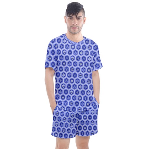 Hexagonal Pattern Unidirectional Blue Men s Mesh Tee And Shorts Set by Mariart