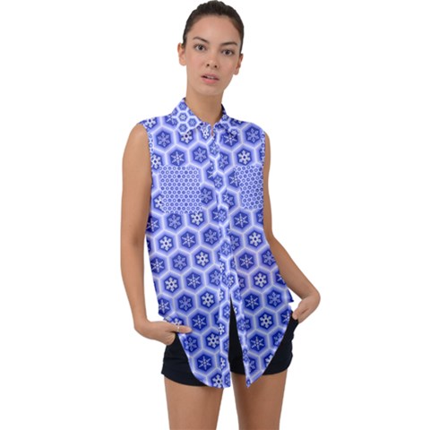 Hexagonal Pattern Unidirectional Blue Sleeveless Chiffon Button Shirt by Mariart