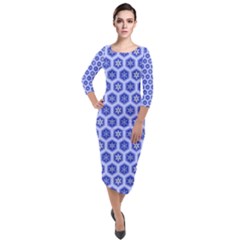 Hexagonal Pattern Unidirectional Blue Quarter Sleeve Midi Velour Bodycon Dress