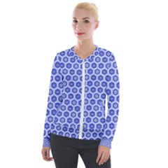 Hexagonal Pattern Unidirectional Blue Velour Zip Up Jacket