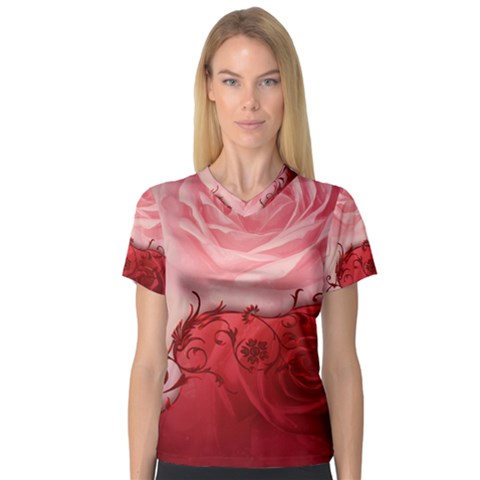 Elegant Floral Design, Wonderful Roses V-neck Sport Mesh Tee by FantasyWorld7