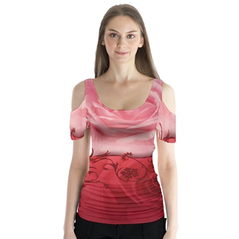 Elegant Floral Design, Wonderful Roses Butterfly Sleeve Cutout Tee  by FantasyWorld7