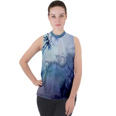 Wonderful Elegant Floral Design Mock Neck Chiffon Sleeveless Top