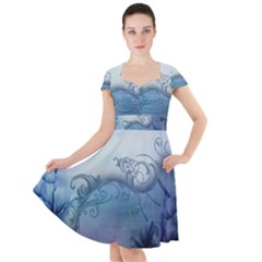 Wonderful Elegant Floral Design Cap Sleeve Midi Dress