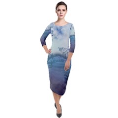 Wonderful Elegant Floral Design Quarter Sleeve Midi Velour Bodycon Dress