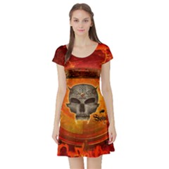 Awesome Skull With Celtic Knot With Fire On The Background Short Sleeve Skater Dress by FantasyWorld7