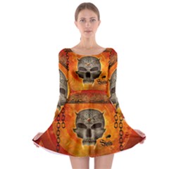 Awesome Skull With Celtic Knot With Fire On The Background Long Sleeve Skater Dress by FantasyWorld7