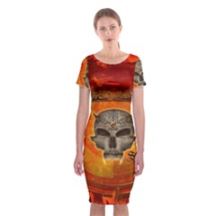 Awesome Skull With Celtic Knot With Fire On The Background Classic Short Sleeve Midi Dress by FantasyWorld7