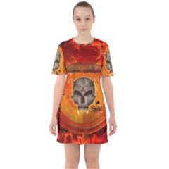 Awesome Skull With Celtic Knot With Fire On The Background Sixties Short Sleeve Mini Dress by FantasyWorld7