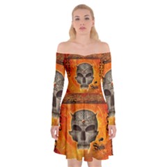 Awesome Skull With Celtic Knot With Fire On The Background Off Shoulder Skater Dress by FantasyWorld7