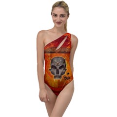 Awesome Skull With Celtic Knot With Fire On The Background To One Side Swimsuit by FantasyWorld7