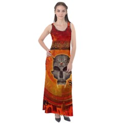 Awesome Skull With Celtic Knot With Fire On The Background Sleeveless Velour Maxi Dress