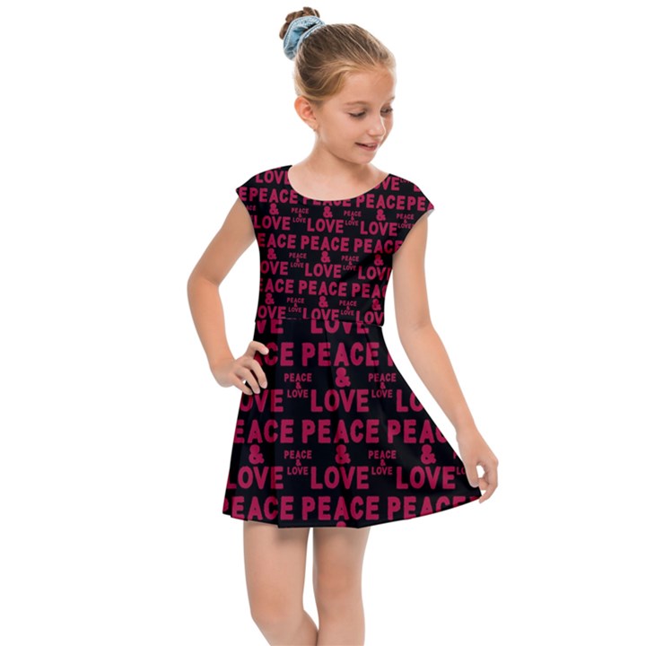 Peace And Love Typographic Print Pattern Kids  Cap Sleeve Dress