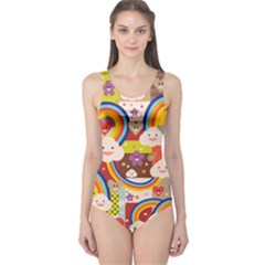 Rainbow Vintage Retro Style Kids Rainbow Vintage Retro Style Kid Funny Pattern With 80s Clouds One Piece Swimsuit by genx