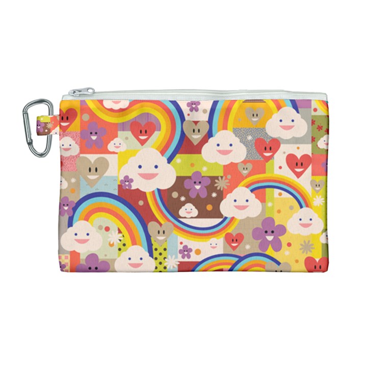 Rainbow Vintage Retro Style Kids Rainbow Vintage Retro Style Kid funny Pattern with 80s clouds Canvas Cosmetic Bag (Large)