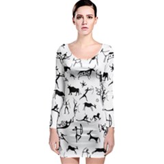 Petroglyph Runic Cavemen Nordic Black Paleo Drawings Pattern Long Sleeve Bodycon Dress by snek