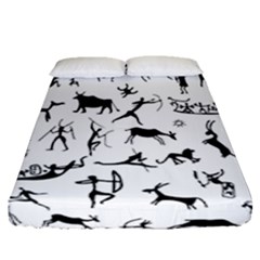 Petroglyph Runic Cavemen Nordic Black Paleo Drawings Pattern Fitted Sheet (queen Size) by snek