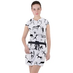 Petroglyph Runic Cavemen Nordic Black Paleo Drawings Pattern Drawstring Hooded Dress by snek