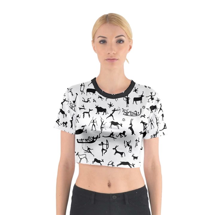 Petroglyph Runic Cavemen Nordic Black Paleo Drawings Pattern Cotton Crop Top