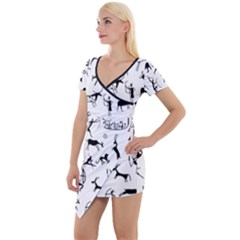 Petroglyph Runic Cavemen Nordic Black Paleo Drawings Pattern Short Sleeve Asymmetric Mini Dress by snek