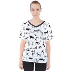 Petroglyph Runic Cavemen Nordic Black Paleo Drawings Pattern V-neck Dolman Drape Top by snek