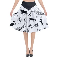 Petroglyph Runic Cavemen Nordic Black Paleo Drawings Pattern Flared Midi Skirt by snek