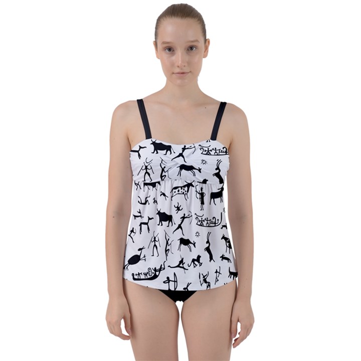 Petroglyph Runic Cavemen Nordic Black Paleo Drawings Pattern Twist Front Tankini Set