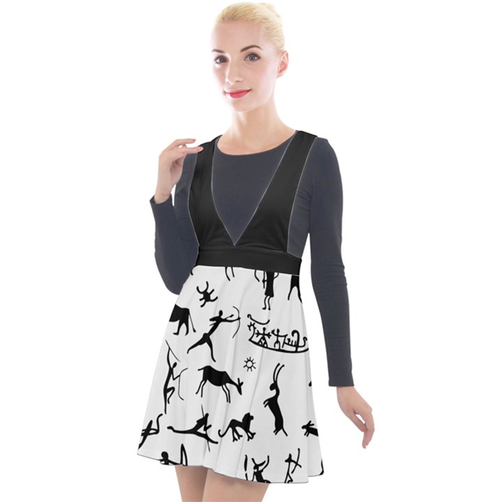 Petroglyph Runic Cavemen Nordic Black Paleo Drawings Pattern Plunge Pinafore Velour Dress