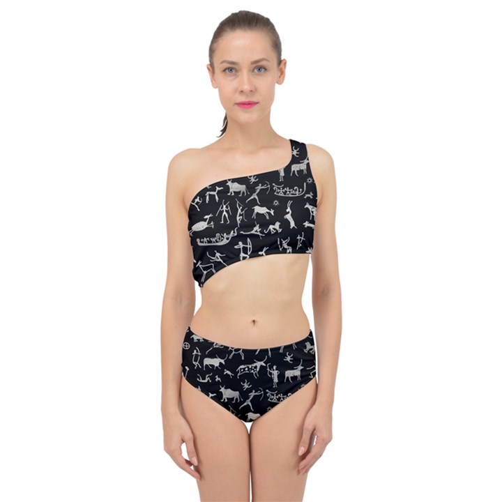 Petroglyph Nordic Beige And Black Background Petroglyph Nordic Beige And Black Background Spliced Up Two Piece Swimsuit