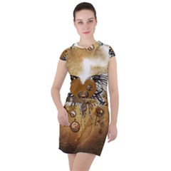 Wonderful Steampunk Heart With Wings, Clocks And Gears Drawstring Hooded Dress