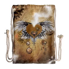 Wonderful Steampunk Heart With Wings, Clocks And Gears Drawstring Bag (large) by FantasyWorld7