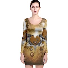 Wonderful Steampunk Heart With Wings, Clocks And Gears Long Sleeve Velvet Bodycon Dress by FantasyWorld7