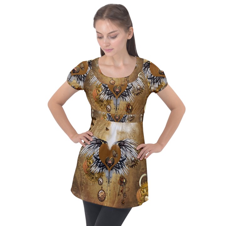 Wonderful Steampunk Heart With Wings, Clocks And Gears Puff Sleeve Tunic Top