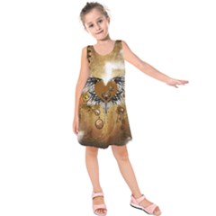 Wonderful Steampunk Heart With Wings, Clocks And Gears Kids  Sleeveless Dress by FantasyWorld7