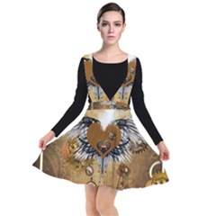 Wonderful Steampunk Heart With Wings, Clocks And Gears Plunge Pinafore Dress