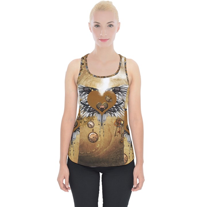 Wonderful Steampunk Heart With Wings, Clocks And Gears Piece Up Tank Top