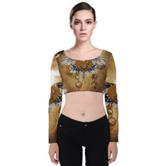 Wonderful Steampunk Heart With Wings, Clocks And Gears Velvet Long Sleeve Crop Top