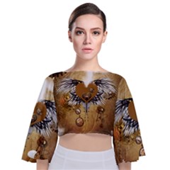 Wonderful Steampunk Heart With Wings, Clocks And Gears Tie Back Butterfly Sleeve Chiffon Top