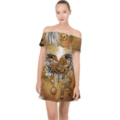 Wonderful Steampunk Heart With Wings, Clocks And Gears Off Shoulder Chiffon Dress