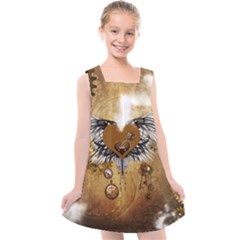 Wonderful Steampunk Heart With Wings, Clocks And Gears Kids  Cross Back Dress by FantasyWorld7