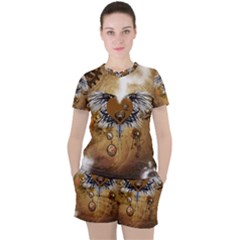 Wonderful Steampunk Heart With Wings, Clocks And Gears Women s Tee And Shorts Set