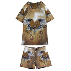 Wonderful Steampunk Heart With Wings, Clocks And Gears Kids  Swim Tee And Shorts Set