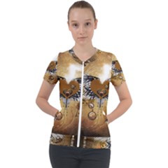 Wonderful Steampunk Heart With Wings, Clocks And Gears Short Sleeve Zip Up Jacket