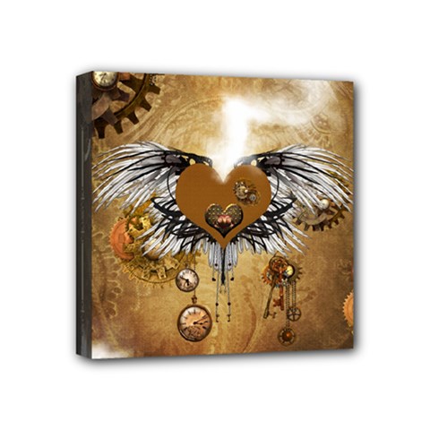 Wonderful Steampunk Heart With Wings, Clocks And Gears Mini Canvas 4  X 4  (stretched) by FantasyWorld7