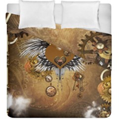 Wonderful Steampunk Heart With Wings, Clocks And Gears Duvet Cover Double Side (king Size) by FantasyWorld7