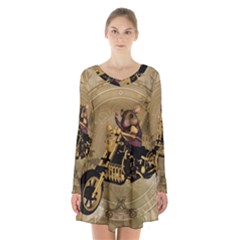 Funny Cute Mouse On A Motorcycle Long Sleeve Velvet V-neck Dress