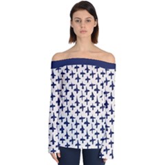 Pattern Ink Blue Navy Crosses Grunge Flesh And Navy Pattern Ink Crosses Grunge Flesh Beige Background Off Shoulder Long Sleeve Top by genx